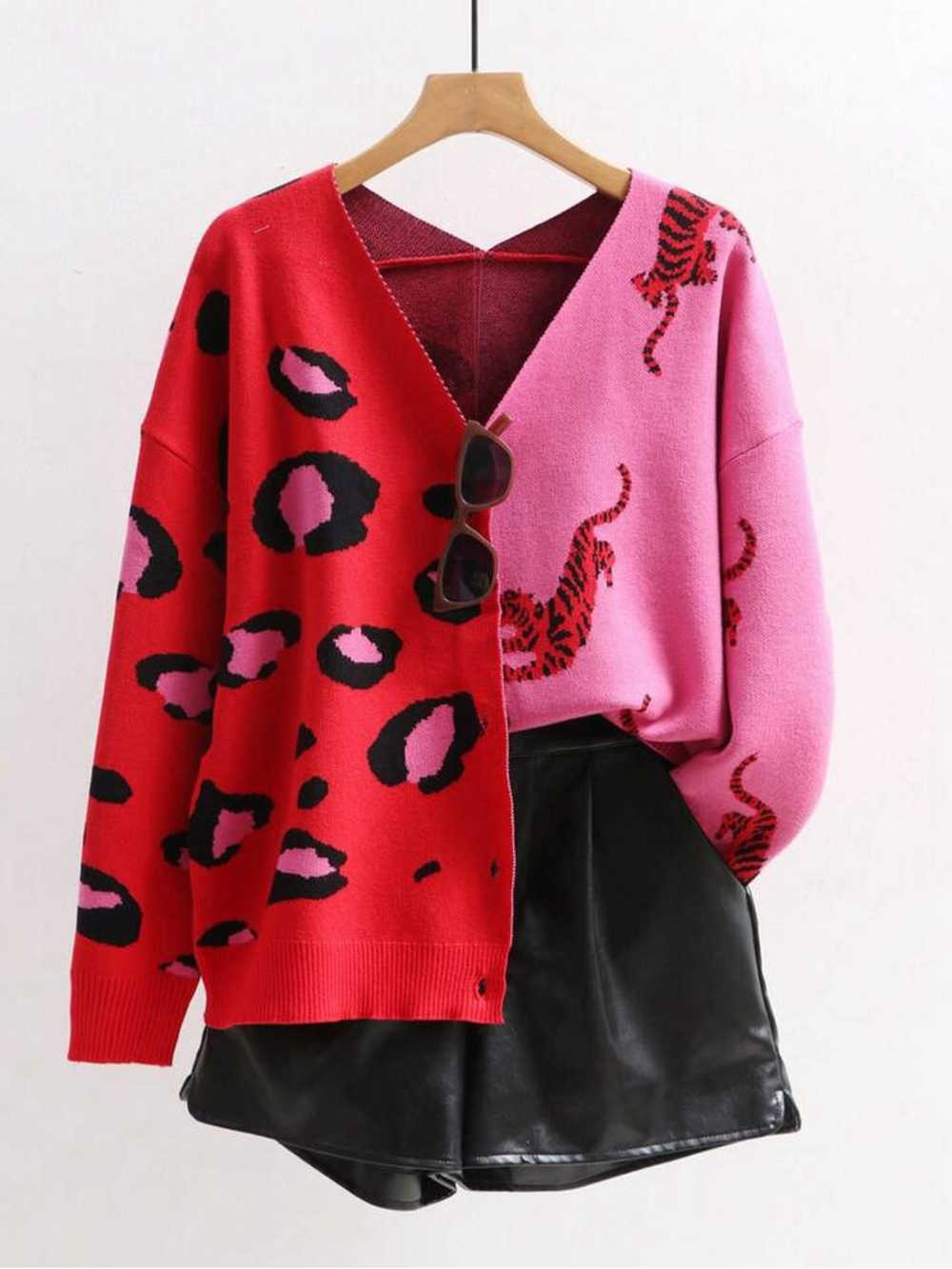 Women’s Colorblock Leopard & Tiger Knit Sweater - Pink & Red